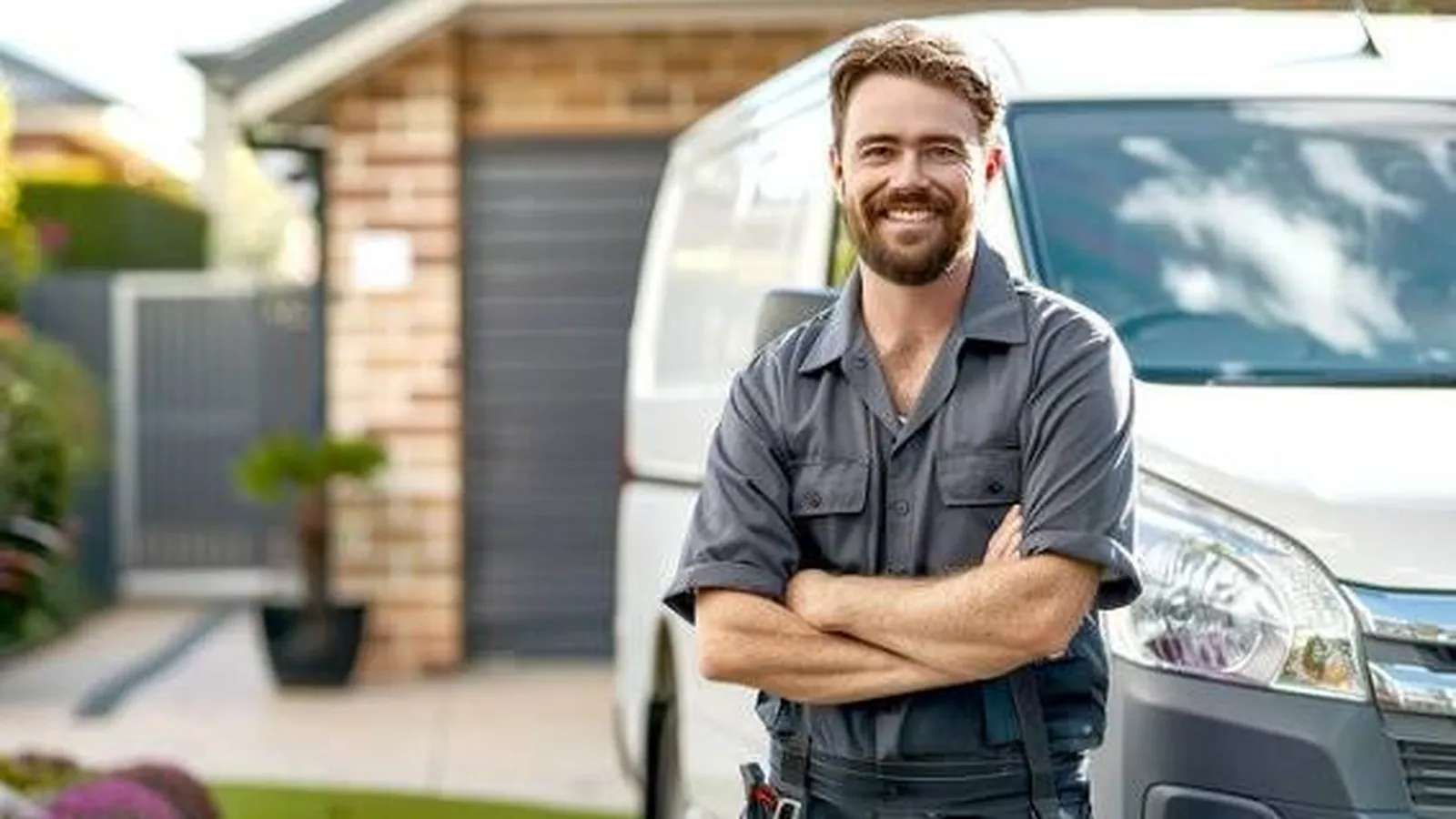 Licensed plumber standing beside a service van outside an Adelaide home